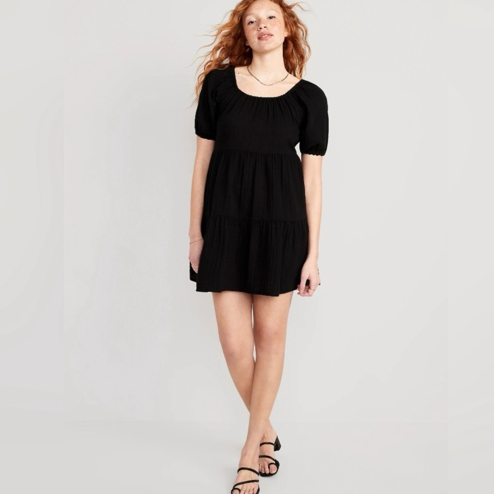 Puff-Sleeve Tiered Mini Swing Dress, Old Navy Size SM